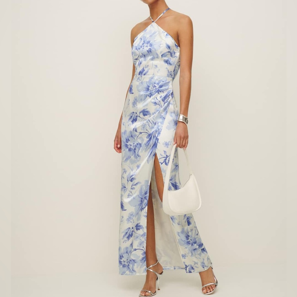 NWT Reformation Myla Silk Maxi Dress in Blue and White Meringue
